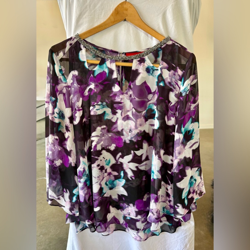 Jennifer Lopez Purple Floral Blouse with Beaded Neckline